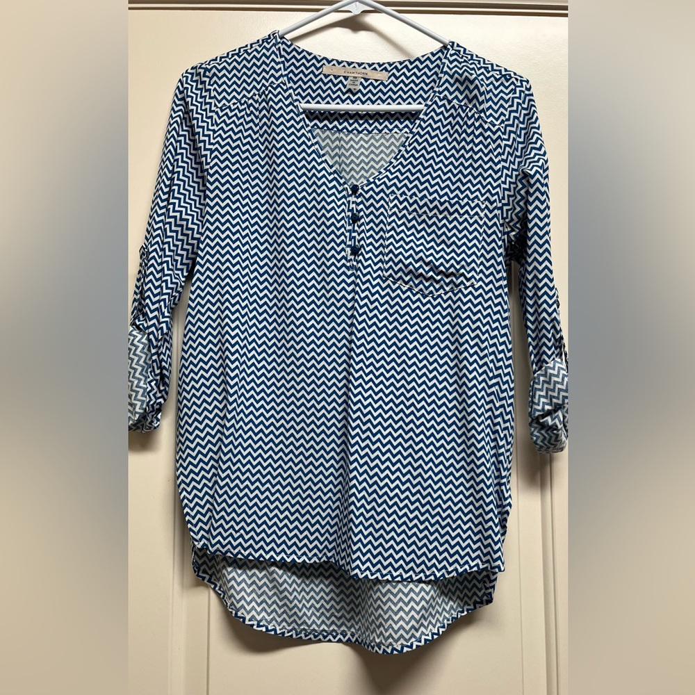 41 Hawthorn Women’s Blouse XS Blue and White Herringbone with 3/4 Sleeve